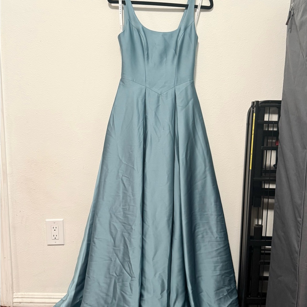 Azazie Kendall + Kylie Dusty Blue Satin Maxi Dress - Picture 4 of 8